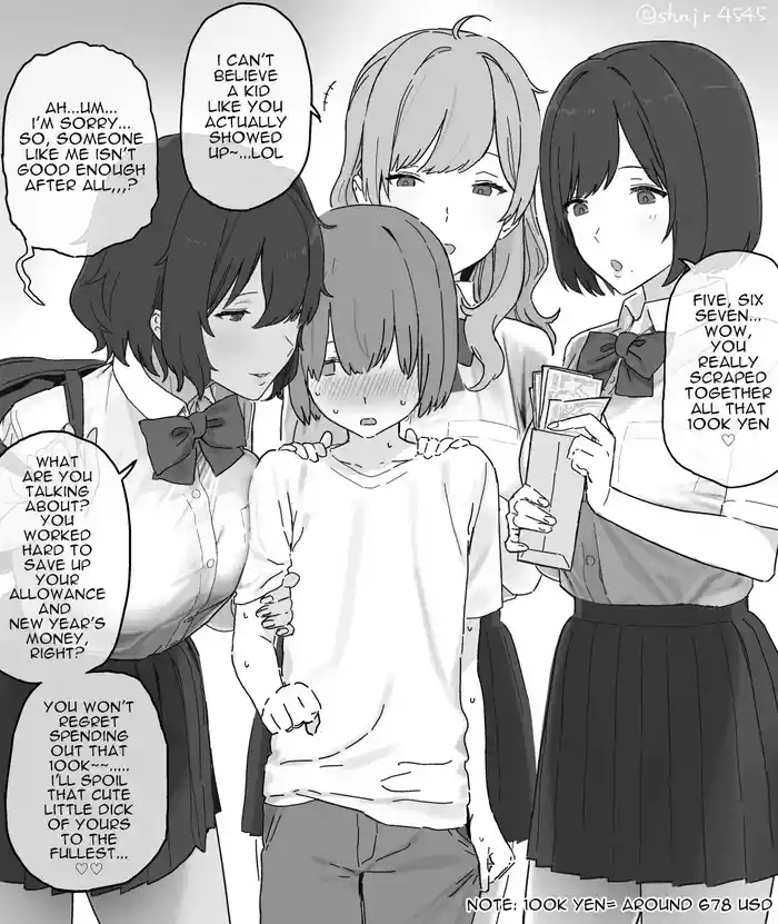 [Shinjiro] Isshoukenmei tameta okozukai juuman de enjo kousai o boshuu shitara gokuaku oneesan sannin ni me o tsukerarete shimai, tekitou ni shasei saserareta ageku sekkusu mo shite nai noni juuman zengaku fundakureru kawaisou na otoko no ko [English]